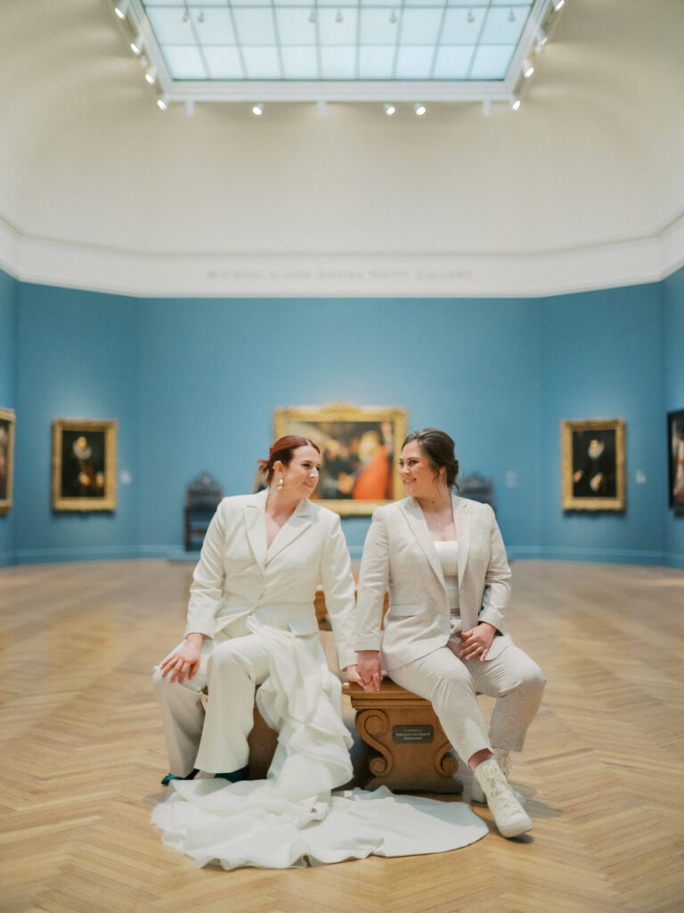 Legion of Honor wedding couple taking pictures inside the galleries 