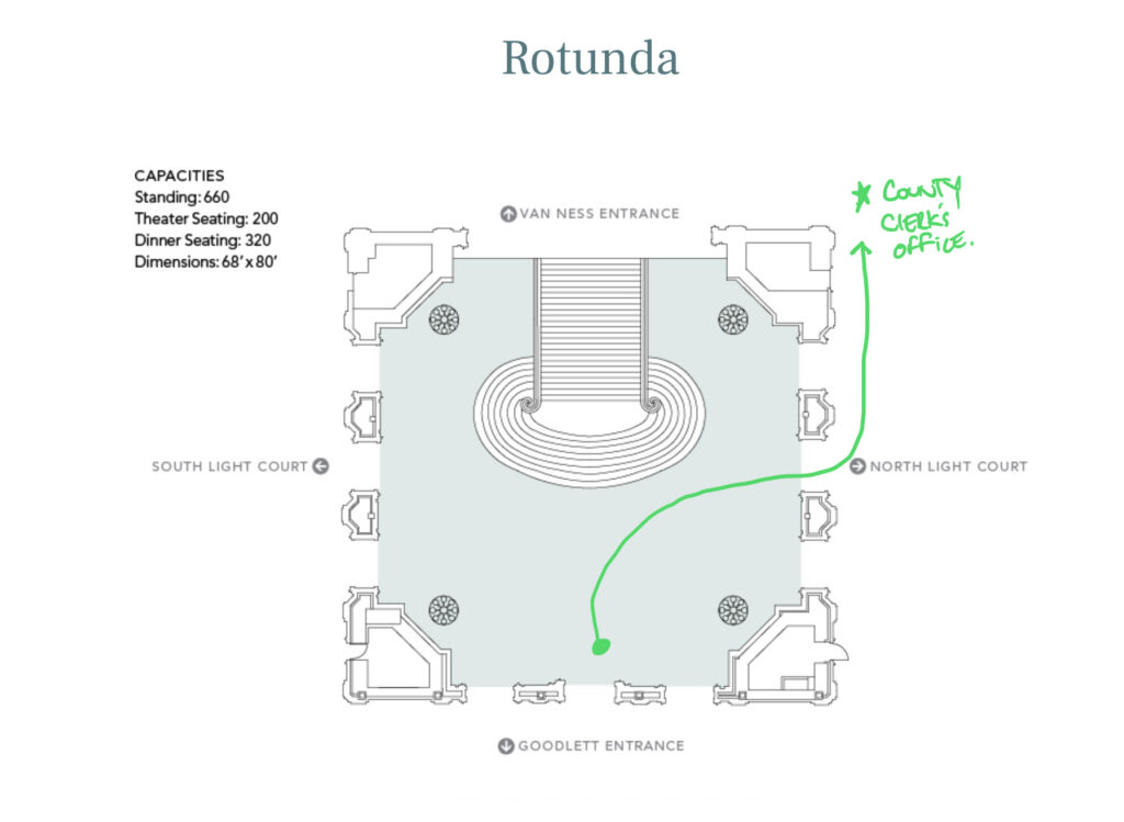 A map on the rotunda of SF city hall and directions on how to get to the county clerk's office