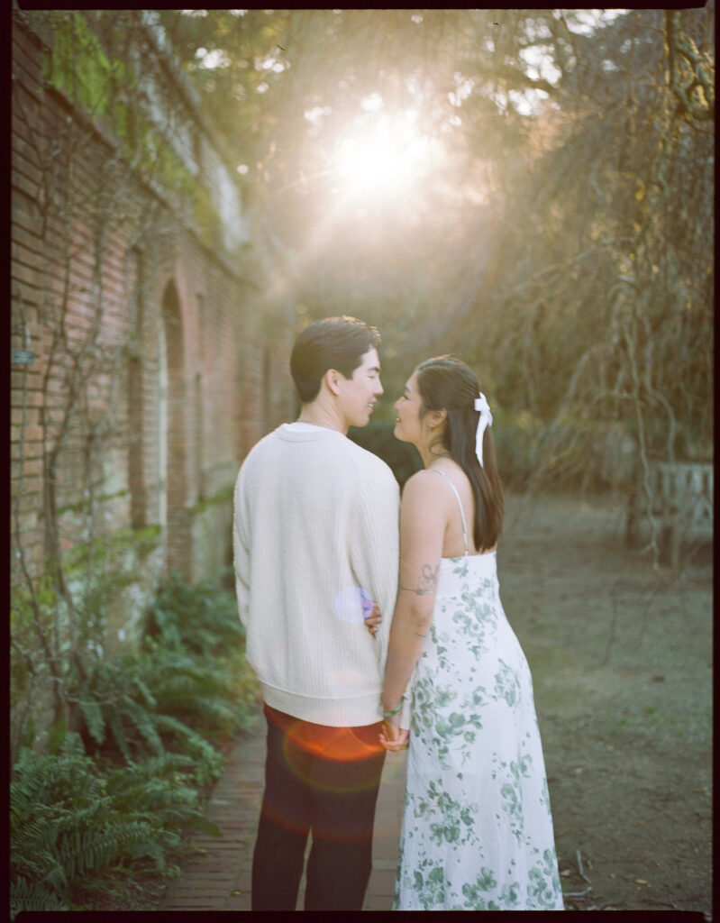 A couple doing their engagement photos at Filoli on 120 film