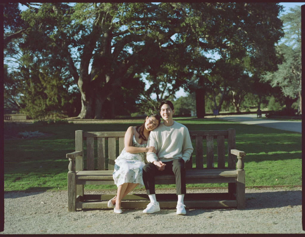 A couple doing their engagement photos at Filoli on 120 film